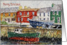 Christmas Card with fishing boats in a snowy harbour card