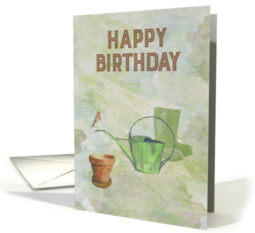 Gardening themed birthday greeting with a friendly Robin card