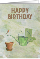 Gardening themed birthday greeting with a friendly Robin card
