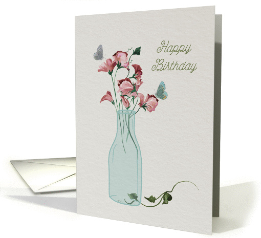 Happy birthday with butterflies and pink flowers card (1380922)