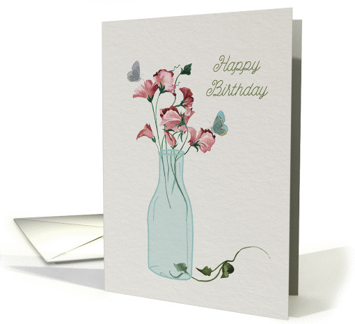 Happy birthday with butterflies and pink flowers card (1380922)