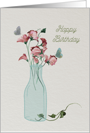 Happy birthday with butterflies and pink flowers card