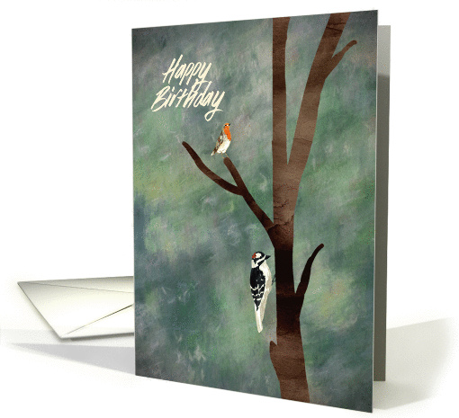 Happy Birthday woodland themed with a Woodpecker & Robin card