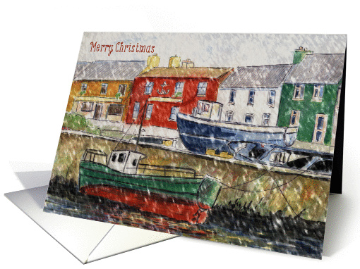 Christmas Card with fishing boats in a snowy harbour card (1386724)