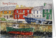 Christmas Card with fishing boats in a snowy harbour card