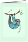 Smiling Sloth Wearing a Knitted Blue Sweater and Scarf on Tree Branch card