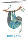 Thank You Sloth in Teal Sweater Hanging from a Tree card