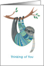 Thinking of You Sloth in Teal Sweater Hanging from a Tree card