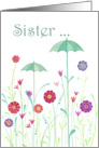 Thinking of You, Sister- Whimsical Umbrellas Grow in the Flower Garden card