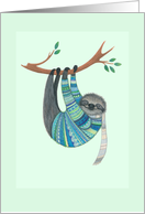 Smiling Sloth Wearing a Knitted Blue Sweater and Scarf on Tree Branch card