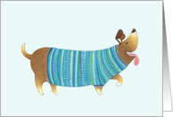 Smiling Wiener Dog Wearing a Knitted Blue and Green Sweater card