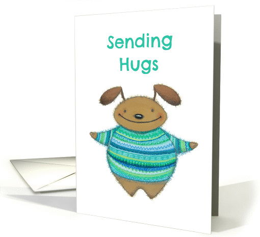 Sending Hugs Cute Fuzzy Animal in Teal Blue Green Sweater card