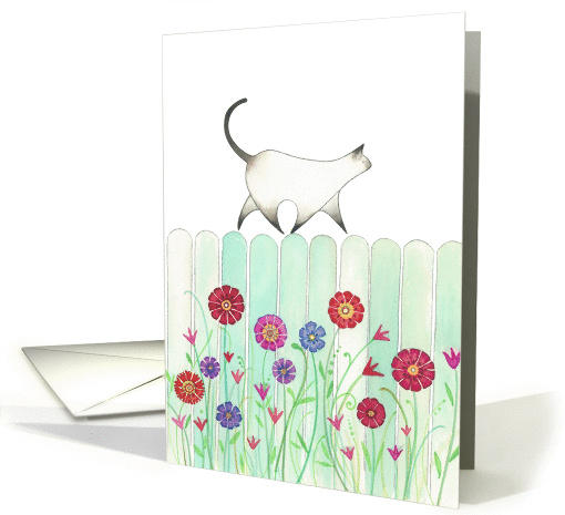Cat Walking on a Turquoise Picket Fence with Flowers card (1372296)