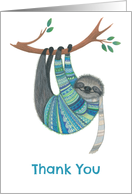 Thank You Sloth in Teal Sweater Hanging from a Tree card