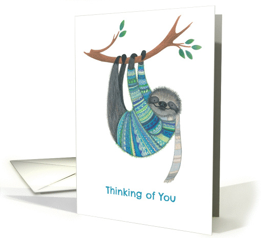 Thinking of You Sloth in Teal Sweater Hanging from a Tree card