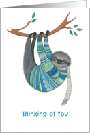 Thinking of You Sloth in Teal Sweater Hanging from a Tree card