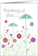Thinking of You- Whimsical Umbrellas Growing in the Flower Garden card