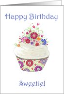 Happy Birthday to Sweet Sixteen- Whimsical Cupcake with Flowers card