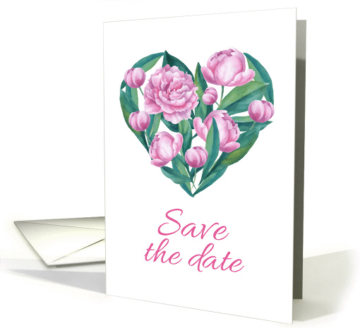 Watercolor Peony Heart. Save the date card. Hand drawn card (1421680)