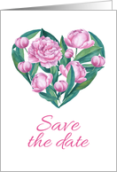 Watercolor Peony Heart. Save the date card. Hand drawn card