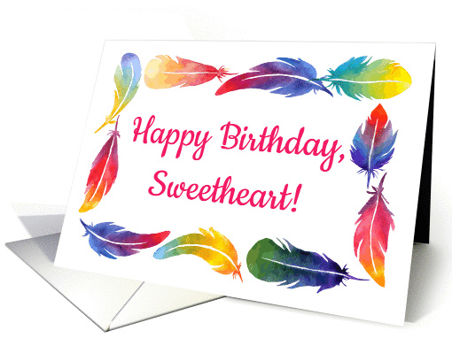 Happy Birthday Sweetheart card with colorful feathers LGBT card