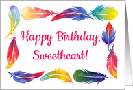 Happy Birthday Sweetheart card with colorful feathers LGBT card