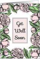 Vintage card Get Well soon with pink peonies card