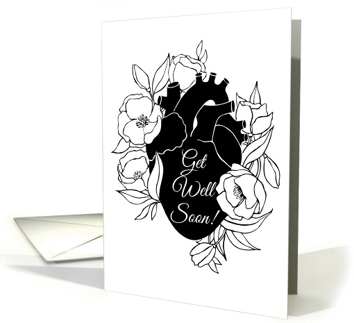 Get Well Soon, Heart Attack, Heart in black and white style card