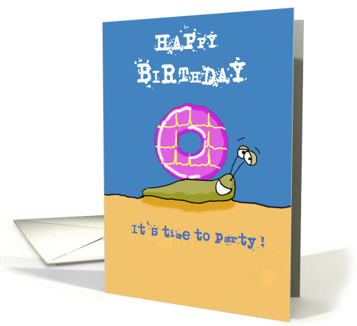 Fun Cartoon Birthday Snail in the Sand with a party ring shell card