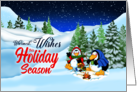 Warm Campfire Holiday Wishes Penguins Snowy Scene card
