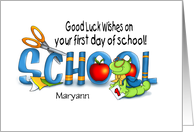 Good Luck Personalized 1st Day of School Bookworm card