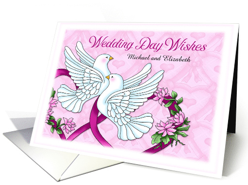 Custom Wedding Day White Doves and Pink Hearts card (1629274)