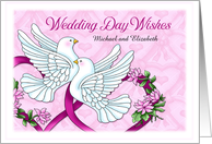 Custom Wedding Day White Doves and Pink Hearts card