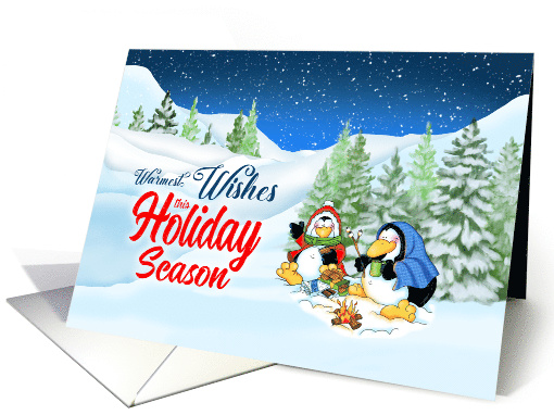Warm Campfire Holiday Wishes Penguins Snowy Scene card (1654062)