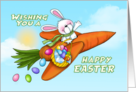Flying Easter Egg Bunny in a Carrot Plane card