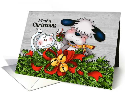 Christmas Cat and Dog with Bells and Mistletoe card (1704758)