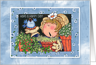 Happy Day Singing Bluebird and Flower Garden Girl card