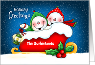 Holiday Snowman Sled Pair Personalized card