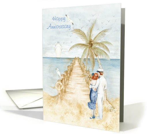 Anniversary - beach scene with cruiseliner, seagulls and pier card