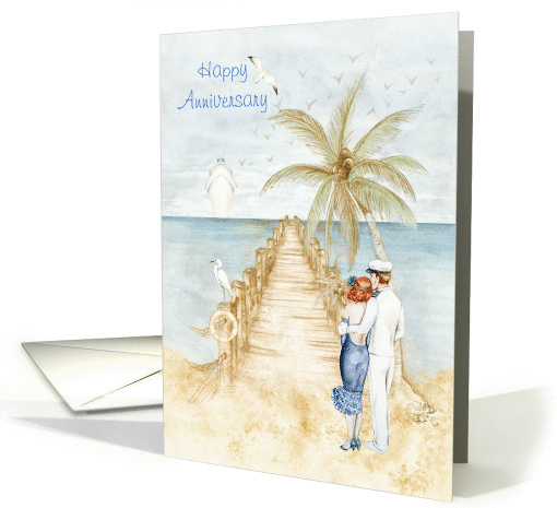 Anniversary - beach scene with cruiseliner, seagulls and pier card