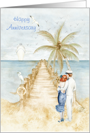 Anniversary - beach scene with cruiseliner, seagulls and pier card