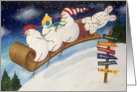 Snowmen on Sleigh Fly Through Night Sky Folk Art Christmas card