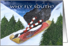 Why Fly South? Canada Goose riding a sled, travel/Holiday card