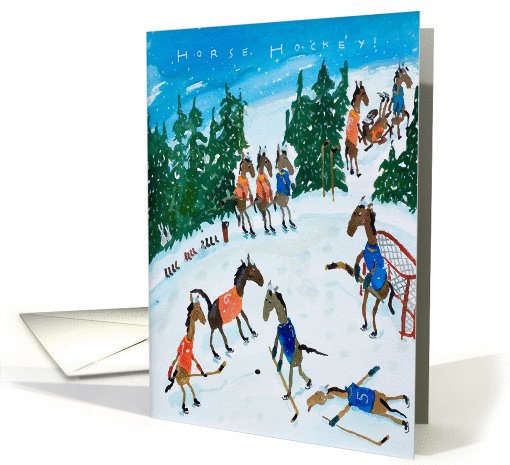 Horse Hockey! Winter scene Horses playing Hockey Sports Greetings card