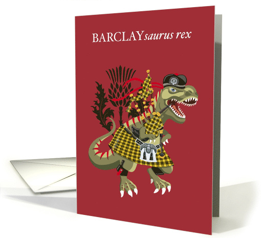 BARCLAYsaurus Rex Scotland Ireland Barclay family Clan Tartan card