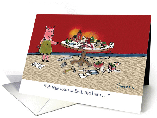 Cartoon pig with Christmas village of Bethlehem- funny Christmas card