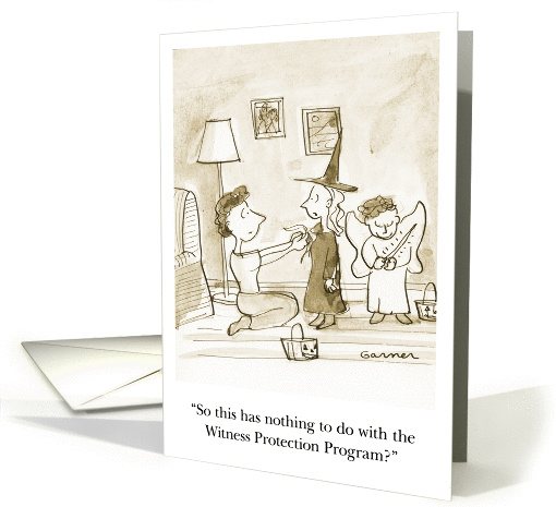 Mom dressing daughter in witch outfit for Halloween cartoon card