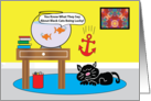 Goldfish And Unlucky Black Cat Birthday card