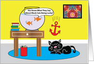 Goldfish And Unlucky Black Cat Birthday card