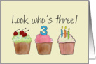 Birthday - Three Years Old - Cupcakes card